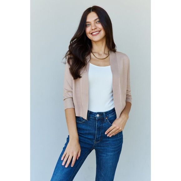 Doublju My Favorite Full Size 3/4 Sleeve Cropped Cardigan In Khaki - Picture 3 of 9